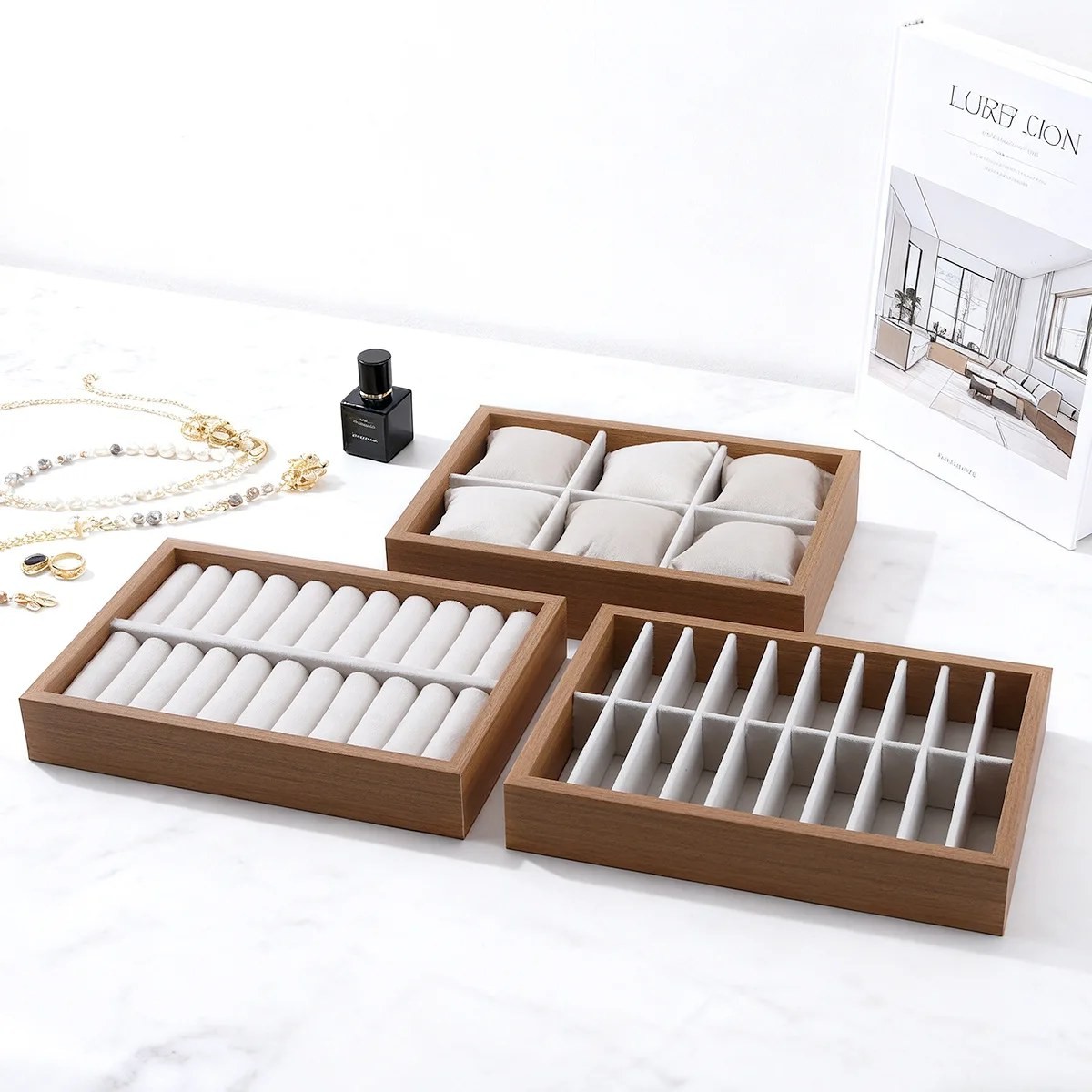 Vellure Jewelry Organizer Drawer – Wooden Velvet Tray for Bracelets and Watches, Dresser Storage and Display