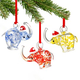 HDCRYSTALGIFTS 3PCS Glass Elephant Ornaments Hand Blown Glass Elephant with Christmas Hat Ornaments Christmas Tree Hanging Decoration Home Xmas Holiday Decor