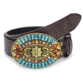 Eohak Western Turquoise Cowboy Belts for Women Oval-Buckle Embossed Cowgirl Belt for Jeans Pants Dresses Fit 28"-39" Wasit