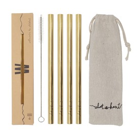 WHATAKANT - Wellenreiter Gold Straws | Set of 4 in Gold | Sustainable Straight Straws with Cotton Bag & Cleaning Brush | Reusable Plastic-free Stainless Steel Drinking Straws | 15.5 cm Length