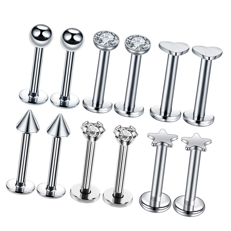 Prettyia 12Pcs 16G Crystal CZ Anillo De Labio Labret Roscado