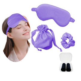 JK Home Silk Eye Mask Travel Set with Pouch Earplug and Hair Scrunchies, Satin Sleep Mask Soft Eye Cover Eyemask for Women Men Blackout with Elastic Strap for Night Travel Nap Purple