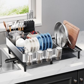 Urackify Dish Drying Rack for Kitchen Counter - Stainless Steel Dish Drainer with Drain Board, Removable Utensil Holder, Rust-Proof Plate, Non-Slip Feet, Large Capacity for 10 Plates 6 Bowls 4 Cups