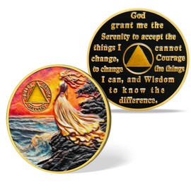 Affirmation Sobriety Coin - Coastal Woman AA/NA Chip Medallion with Serenity Prayer - Narcotics & Alcoholics Anonymous Recovery Gift for Sober Women & Men