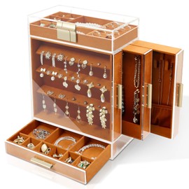 KAMIER Jewelry Boxes for Women, Large Jewelry Organizer with 3 Side Drawers, Transparent Window, Vertical Jewelry Organizer Box for Earrings, Rings, Necklaces, Bracelets, Brown