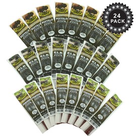Original Delicious BEST Exotic Pack - 3 Types of Wild Game 1 Oz. Stick â Elk, Buffalo and Venison with Pork Sticks â No Antibiotics or Hormones (Sampler Pack, Sampler Pack 24 Sticks)
