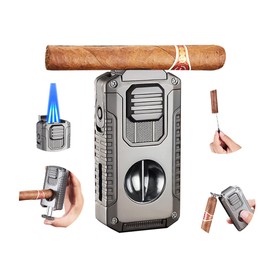 Cigar Lighter Triple Jet Flame Refillable Butane Torch Lighter with V Cutter Cigar Holder, Cigar Punch and Cigar Draw Enhancer for Smoking,Cigar Gift for Men (Black)
