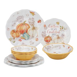 UPware 12-Piece Melamine Dinnerware Set, Includes Dinner Plates, Salad Plates, Bowls, Service for 4 (Pumpkin Season)