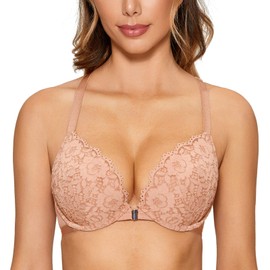 DOBREVA Women's Push Up Bra Racerback Front Closure Bras Lace Padded Underwire Plunge Floral Cream Coffee 38DD