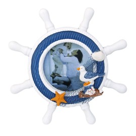 Garneck Style Frame Sailboat Wheel Steering Picture Ship Ornament Seabird Rudder Coast Sea Nordic Woods Nautical Beach Mediterranean Embellishments Decorative Photo
