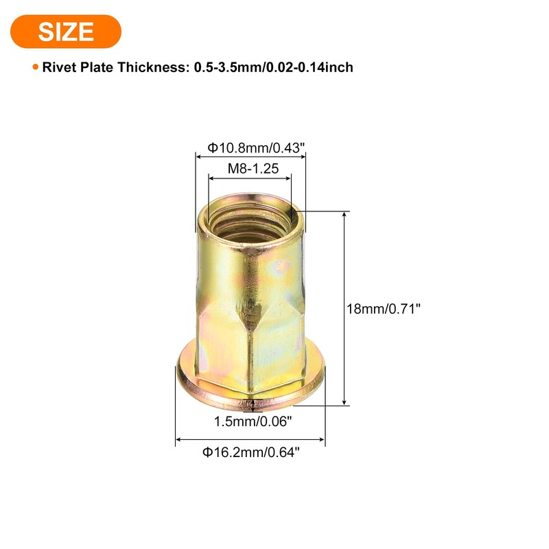 sourcing map 25Pcs Half Hex Body Flange Rivet Nut, M8