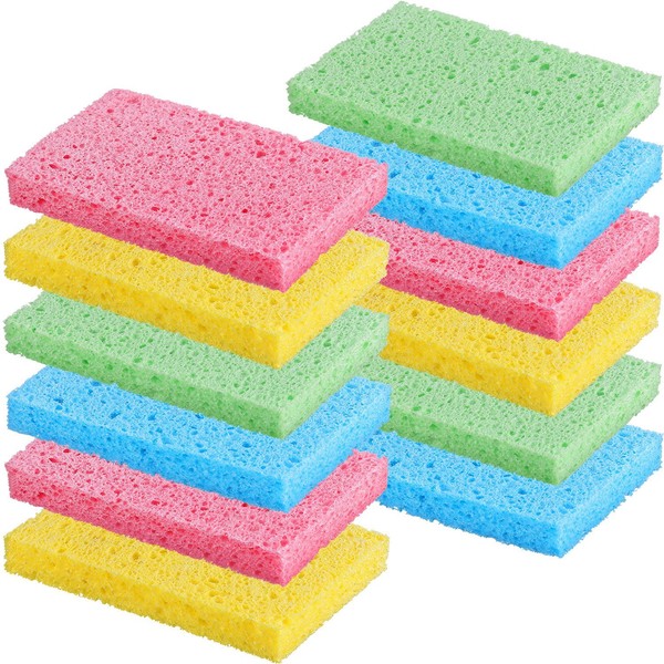 Chuangdi 12 Pieces Cleaning Scrubbing Sponge, Kitchen Cellulose Dish Sponge for Removing Hard Dirt, Oil, Non-Scratch on Windows Non-Stick Pan, Assorted Colors (1.5 cm in Thickness Rectangle)