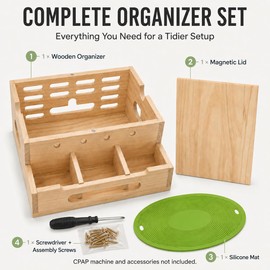 Wooden CPAP Organizer for Nightstand, Compatible with ResMed AirSense 10 & 11, Bedside Storage Box with Magnetic Lid, Silicone Mat, 3 Compartments & Hose Routing