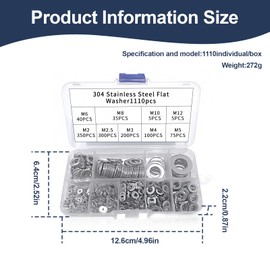 1110 Pcs Flat Washer, 304 Stainless Steel Washers Set Assorted Washers with Box Metal Washer Penny for Screws Bolts (M2 M2.5 M3 M4 M5 M6 M8 M10 M12)