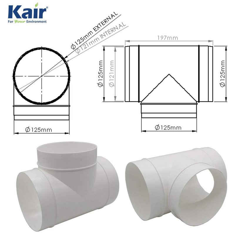 Kair Round Equal T-Piece 125mm - 5 inch Plastic Ducting