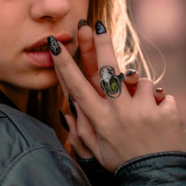 RechicGu Egyptian Scarab Beetle Ring Vintage Black Costume Jewelry with Crystal Green Rhinestone,Funky Stretch Rings for Women,Art Deco Moth Ring,Cleopatra Costume Accessory