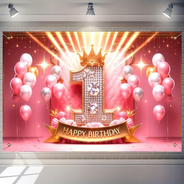 BlissYard Happy 1st Birthday Banner Backdrop Diamond Crown Queen Princess
