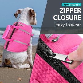 Queenmore Medium Dog Life Jacket,Dog Life Vest for Swimming,Dog Floating Vest for Boating,Pet Puppy Lightweight Adjustable Reflective Lifesaver Vest with Back Zip,Rescue Handle,Leash Hook(Fuchsia M)