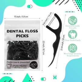 Baderke 100 Count Dual Line Floss Picks Dental Floss Picks Bulk Non Breakable Toothpicks Floss Picks Double String Tooth Picks Flossers for Adults Teeth Cleaning Family Travel (Black)