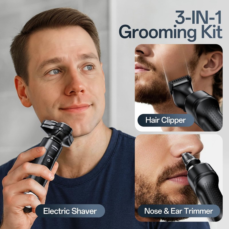 Electric Shaver for Men, 3-in-1 Rechargeable Razor and Trimmer