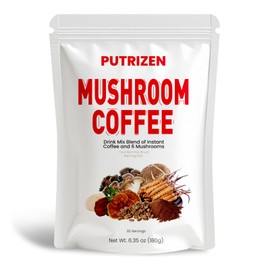 PUTRIZEN Mushroom Coffee with Lion’s Mane, Turkey Tail, Shiitake, Reishi, Cordyceps & Maitake – Supports Focus, Energy, Digestion & Immune System – Instant Vegan Coffee Powder – 30 Servings