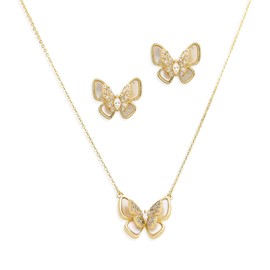 Frigotine Gold Butterfly Stud Earrings Pendent Necklaces Sets for Women, Dainty Rhinestone Cubic Zirconia Crystal Seashell Necklace Earing Jewelry Set Wedding Prom Fashion Birthday Gifts