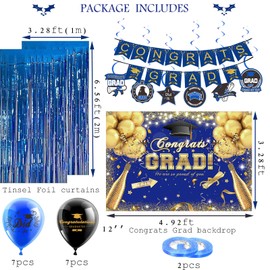 Graduation Decorations Class of 2025 Blue Gold and Black Graduation Party Decorations Including Congrats Grad Backdrop,Banner,Fringe Foil curtains,Hanging Swirls and Balloons