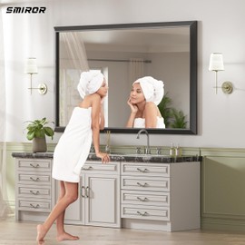 SMIROR 44x30 Inch Matte Black Bathroom Mirrors for Over Sink, Metal Framed Vanity Mirror for Wall, Rectangular, Right Angle Corner, Thick Frame, Tempered Glass (Horizontally/Vertically)