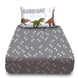 VELVETIO Dinosaur Fitted Sheet Single with Pillowcase, Soft Breathable Printed Kids Bedding, Hypoallergenic Wildlife Animal Bed Sheets for Boys & Girls, Multi