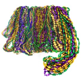 4E's Novelty 4E's Novelty Bead Assortment Mardi Gras Beads Bulk (100 Pcs) Metallic Purple Gold Green Assorted Designs, Masquerade Costume Party Favors Supplies Decorations