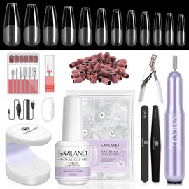 SAVILAND- Kit de uñas Gel X: Kit de uñas de gel Allin1 para principiantes con taladro para uñas, pegamento para uñas en gel de 0,5 oz, 500 piezas, café largo