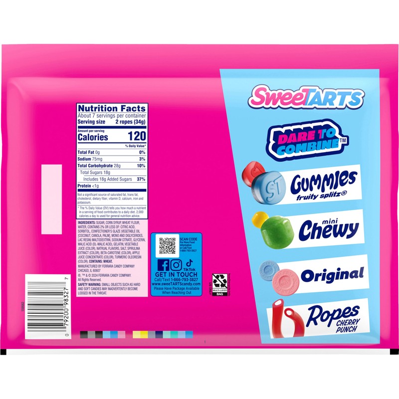 SweeTARTS Ropes, Candy, Twisted Rainbow Punch, Soft and Chewy, 9