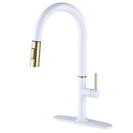 XHZSFYOU Single Handle White Kitchen Faucet with Nickel Gold Sprayer Brass Kitchen Sink Faucets with Pull Down Sprayer Modern Faucets with Dual Function Spray