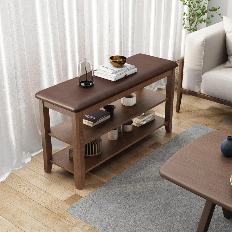 Wood 2-Tier Rectangular Shoe Rack Bench with Leather Cushion for