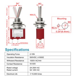 Heschen Miniature Toggle Switch MTS-101 ON-OFF SPST 2 Pin, 2A 250V, 5A 120V, with Waterproof Cap, Pack of 5