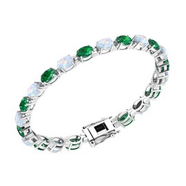 Silver Smile Sterling Silver 6x4mm Oval Cut 4.8 CTW Emerald Bracelet | Lab-Grown White Opal Bracelet | Emerald & White Opal Tennis Bracelet for Women - 7.25" Length With Secure Lock