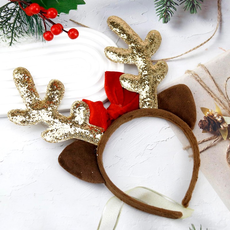HAKJXOS Christmas Reindeer Headband Hair Accessories Gold Deer Horn Design