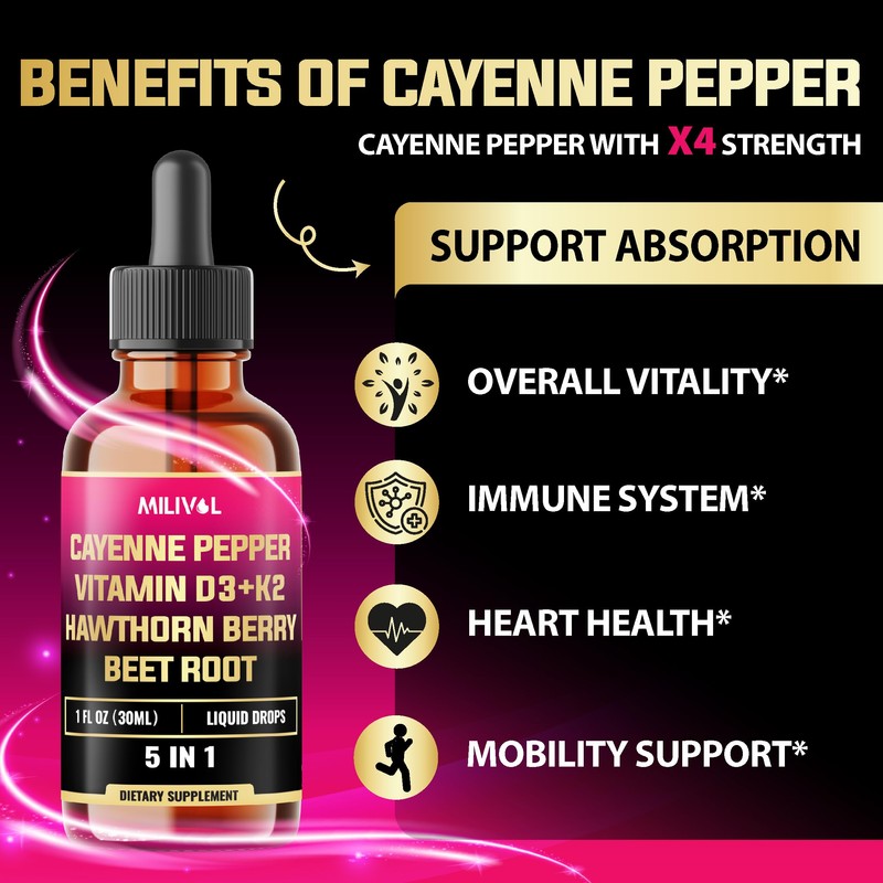 MILIVOL 5in1 Cayenne Pepper Liquid Drops with Hawthorn Berry and