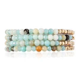 RIAH FASHION Delicate Boho Beaded Multi Layer Versatile Bracelets - Stackable Stretch Bangles Sparkly Crystal, Natural Stone (Delicate Natural Stone & Gold Mix - Montana Blue)