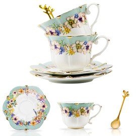 TATSUMI Country Roses Bone China Tea Cup and Saucer Set, 6 Pieces, Vintage Style, For Women and Tea Parties