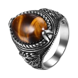 Oidea Vintage Tiger Eye Men's Rings: Retro Large Oval Stone Rings Stainless Steel Thumb Pinky Ring Cocktail Party Biker Signet Rings Band Jewelry Gifts Size 13