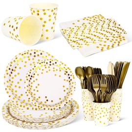 VXYW 192 Pcs Disposable White and Gold Dot Paper Plates, Napkins Party Supplies, Cups, Gold Plastic Forks Knives Spoon Straw, Serves 24 Guests