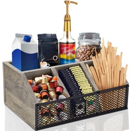 Yalikop Coffee Station Organizer Bar Coffee Creamer Holder for Countertop Tea Condiment Pod Wooden Storage Basket Rustic with Iron Mesh for Accessories Organizer Decor(Gray,Rustic)