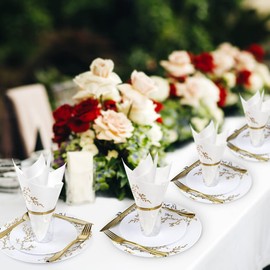 R-kay Gold Plastic Plates For Party - 40 Pack - 20 Dinner Plates 10.25 Inch And 20 Salad/Dessert Plates 7.5 Inch - Heavy Duty Fancy Plastic Plates - Premium Disposable Plates For Party And Wedding