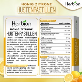 Herbion Naturals Cough Lozenges with Natural Honey Lemon Flavour - Dietary Supplement for Adults and Children, 18 Lozenges