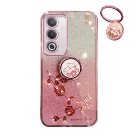 YUEQIAN Transparent Glitter Case for OPPO A80 5G, Ultra Thin Slim Bling Diamond Shiny Sequins TPU Shockproof Cover, Flowers Ring Stand Sparkle Girls Case. Pink