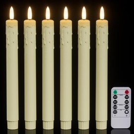 GenSwin Flameless Taper Candles with Remote Timer, 6Pcs Drip Wax Flickering LED Taper Candles Battery Operated with 3D Wick for Wedding Home Living Room Decoration (Ivory, 0.79”x9.1”)