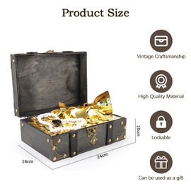 TOSAVGA Vintage Wooden Treasure Chest, Storage Treasure Chest Wood with Lock, Children's Treasure Chest, Treasure Chest Children's Birthday, 24 x 16 x 10 cm Treasure Chest for Storage Decoration