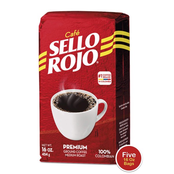 Café Sello Rojo Premium Colombian Coffee, Smooth & Flavorful, Low Acidity, No Bitter Aftertaste, 100% Medium Roast Ground Coffee, 16 Ounce (Pack of 5)