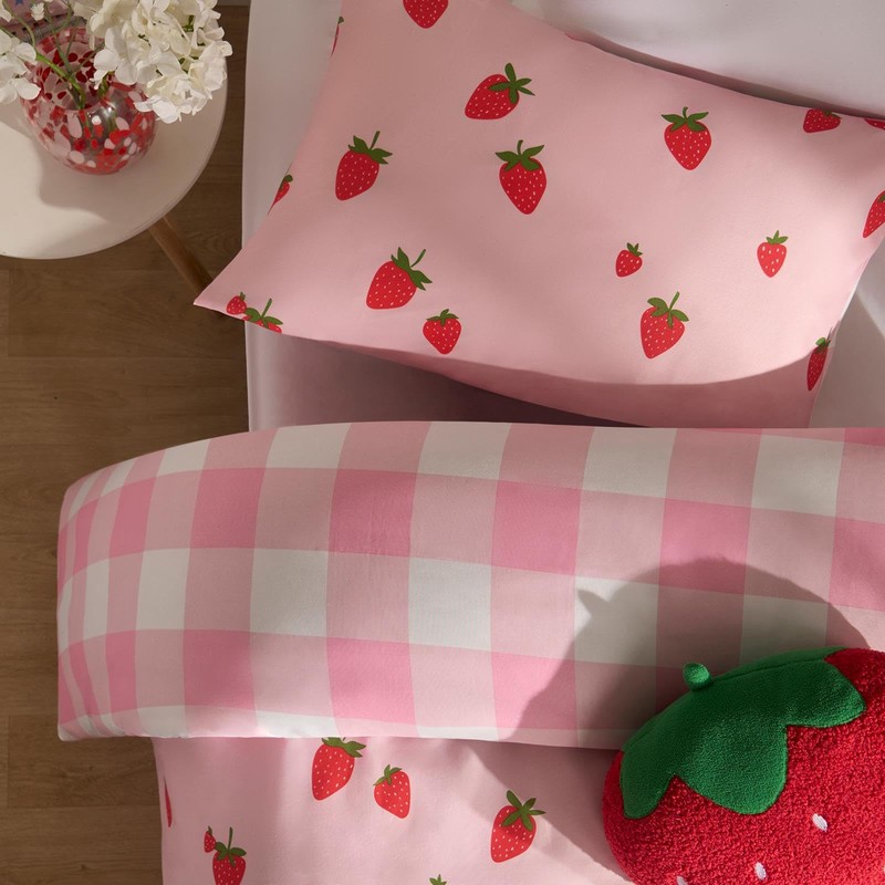 OHS Check Bedding Strawberry Print, Kids Girls Single Duvet Covers